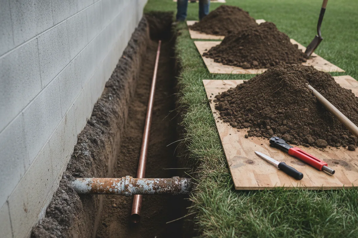 Excavated water line trench during Water Heater Repair in Wasco